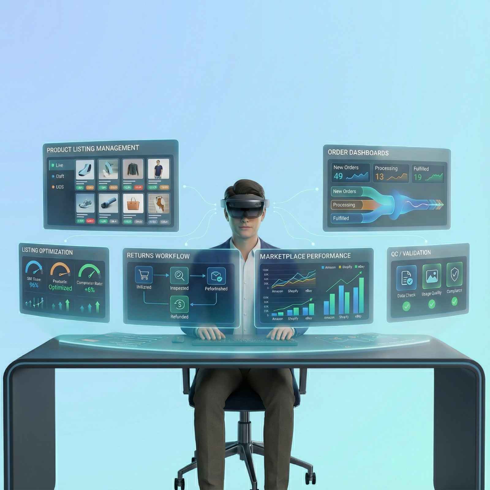  Cardboard boxes with shopping cart icons stacked on a laptop beside an upward graph, symbolizing eCommerce operations and online retail growth.