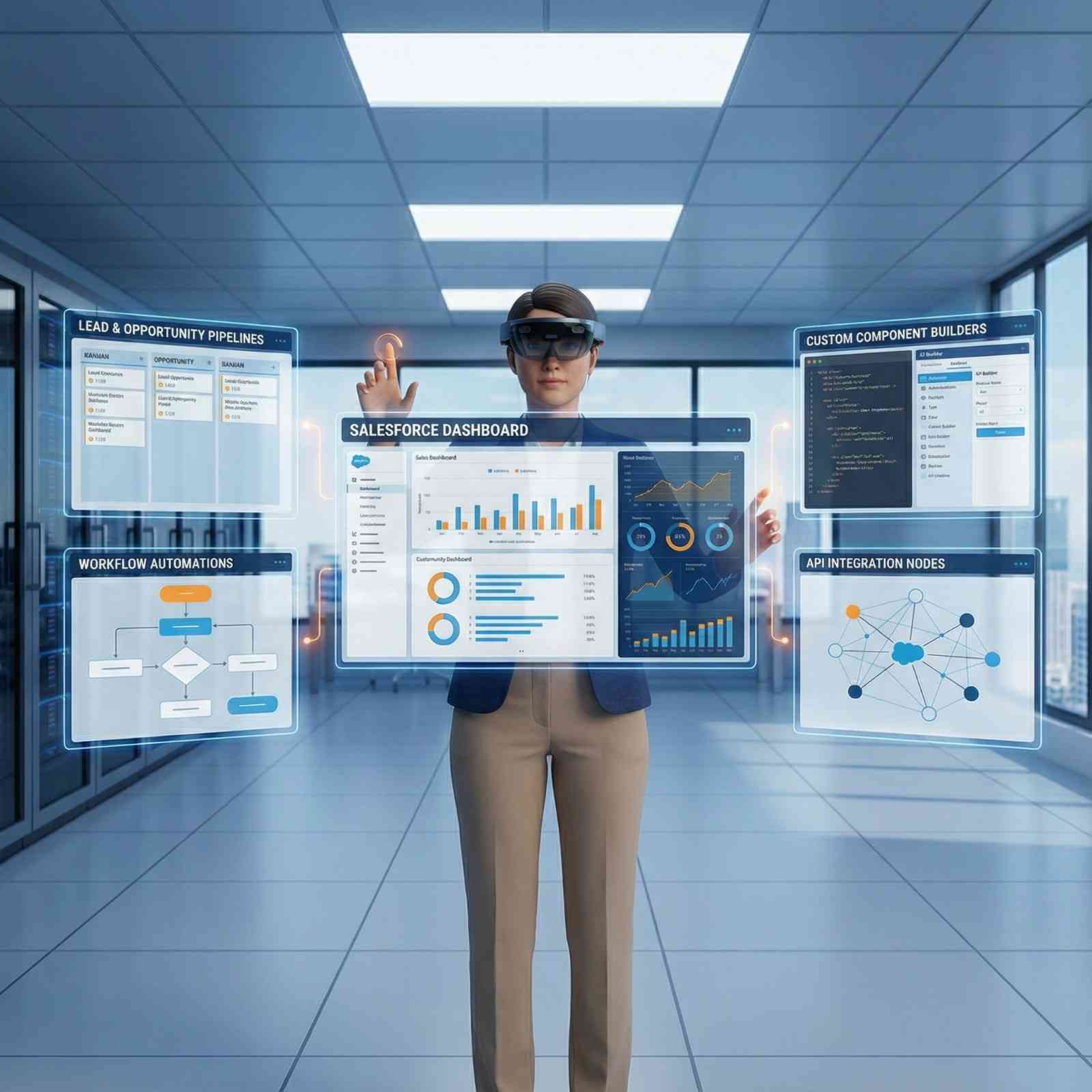 Business professional holding a tablet displaying a glowing cloud network, symbolizing Salesforce development services and cloud-based CRM solutions.