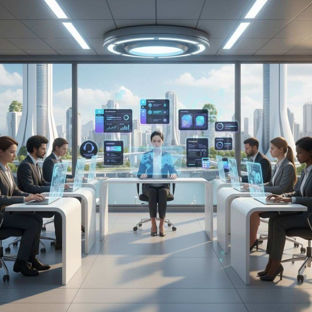 Team of professionals with headsets working on computers in a modern office, representing back-office operations and customer support services.