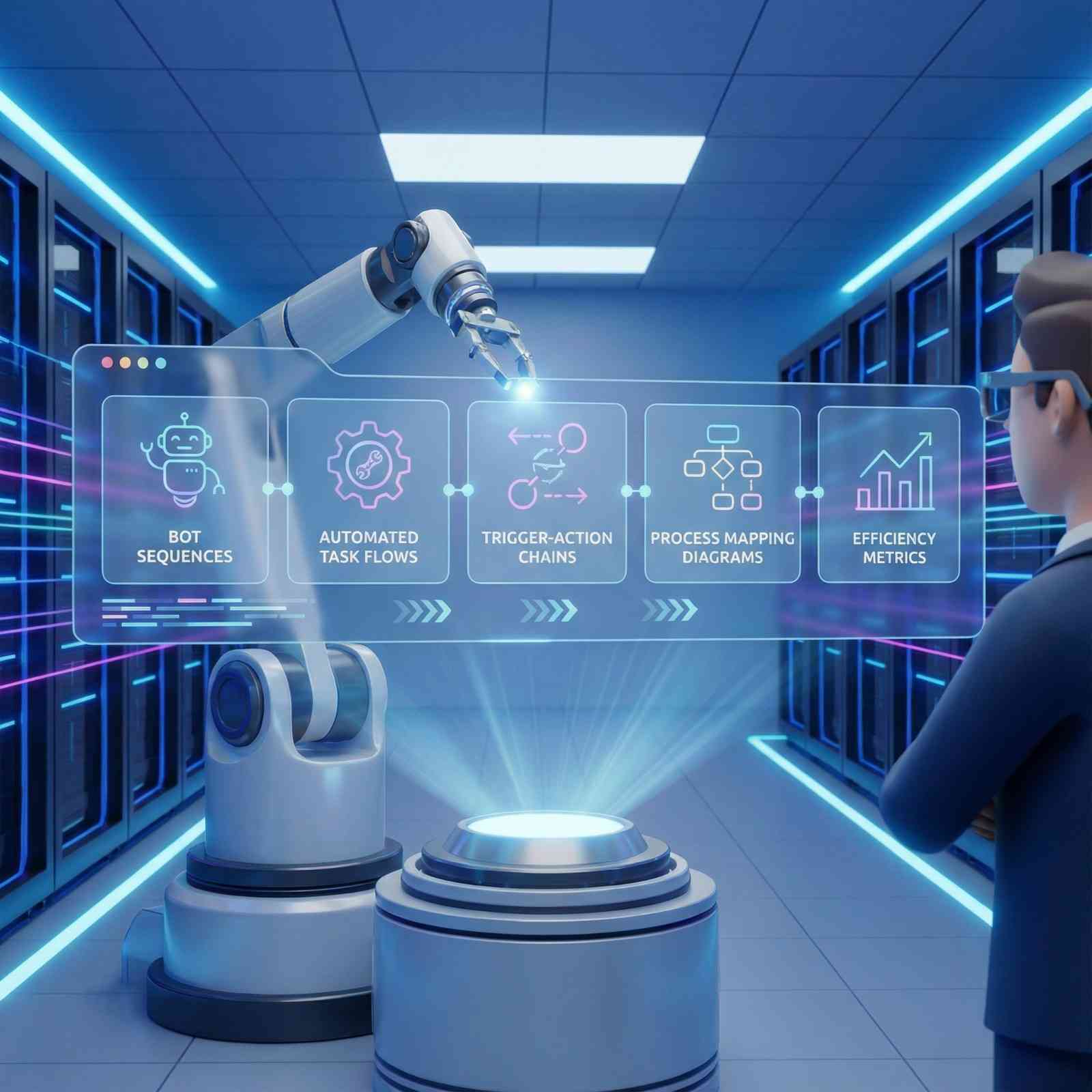 Robotic hand reaching toward glowing “RPA” text with digital automation icons, symbolizing Robotic Process Automation and intelligent workflow optimization.