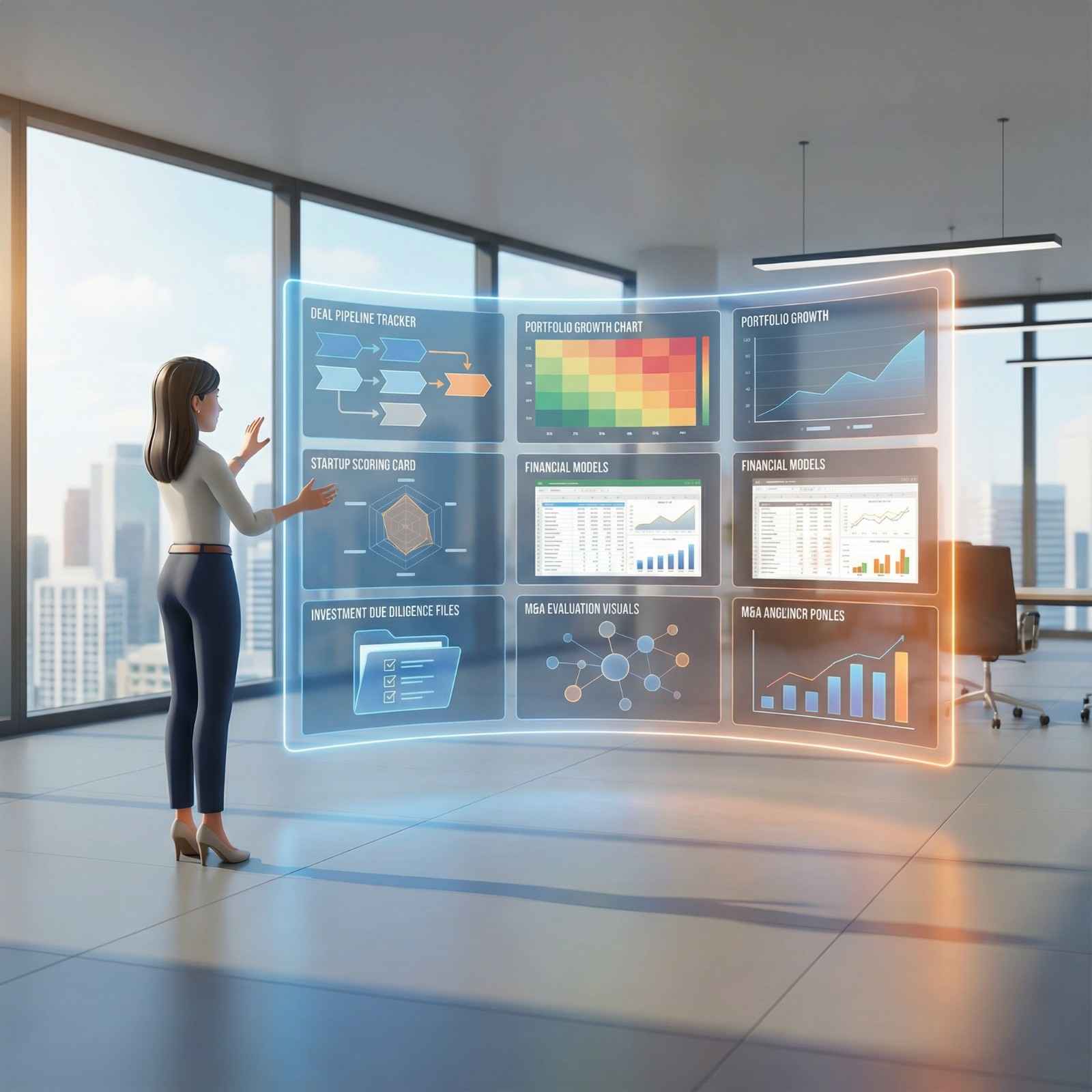 Magnifying glass focusing on financial charts and bar graphs, symbolizing data research and analytical support for private equity and venture capital.