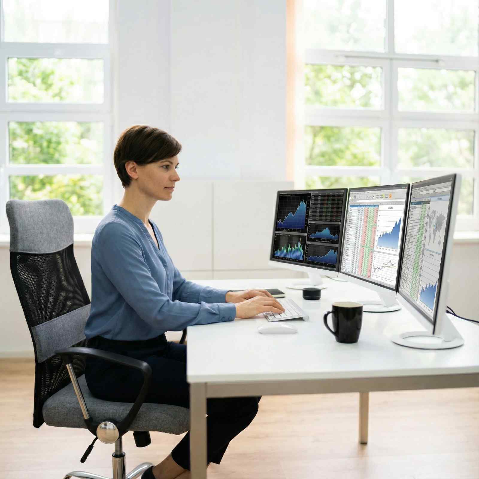 Business professional using a tablet with digital analytics and cloud data icons, representing data processing and management services.