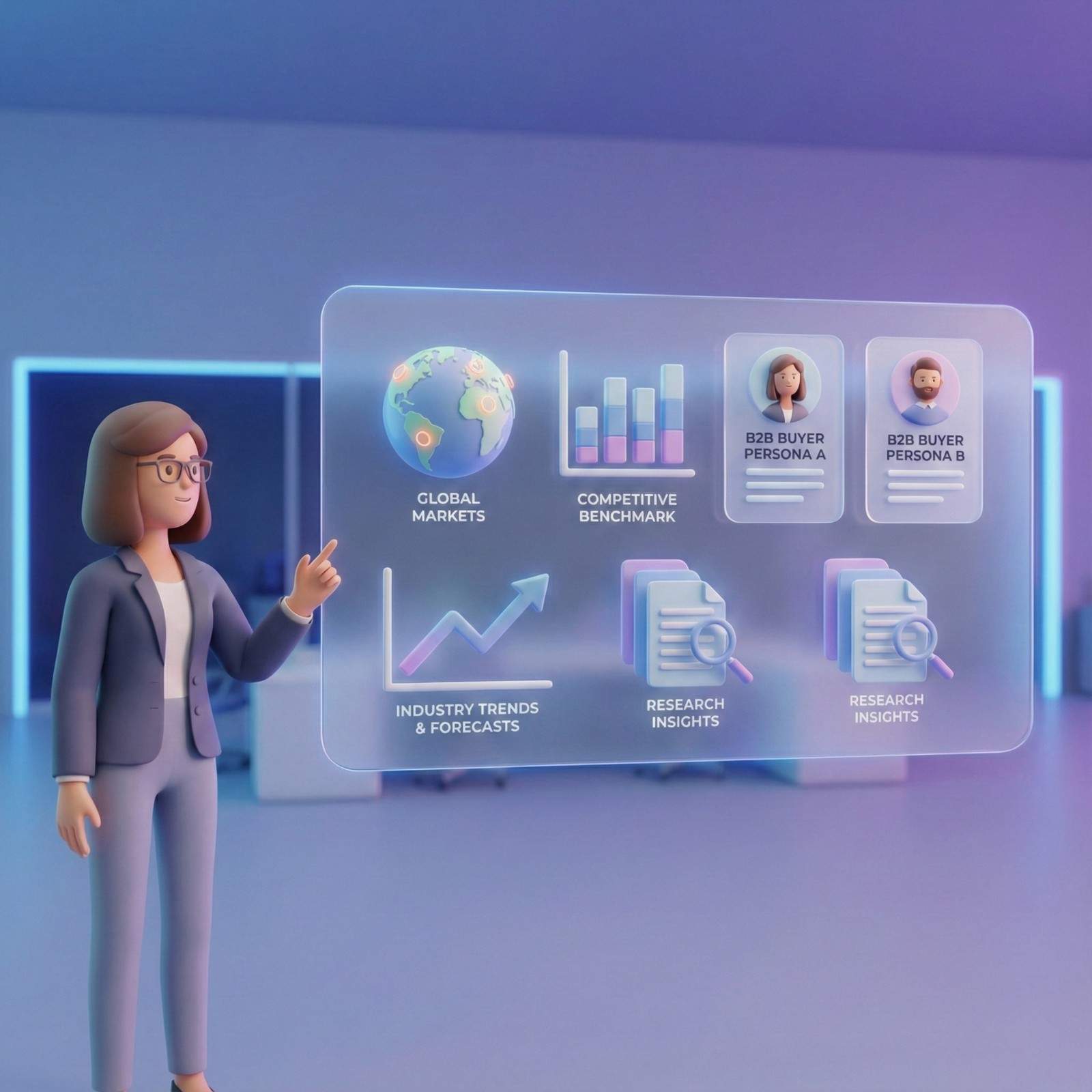 Business professional touching a virtual B2B icon surrounded by finance, handshake, and analytics symbols representing B2B desk research services.