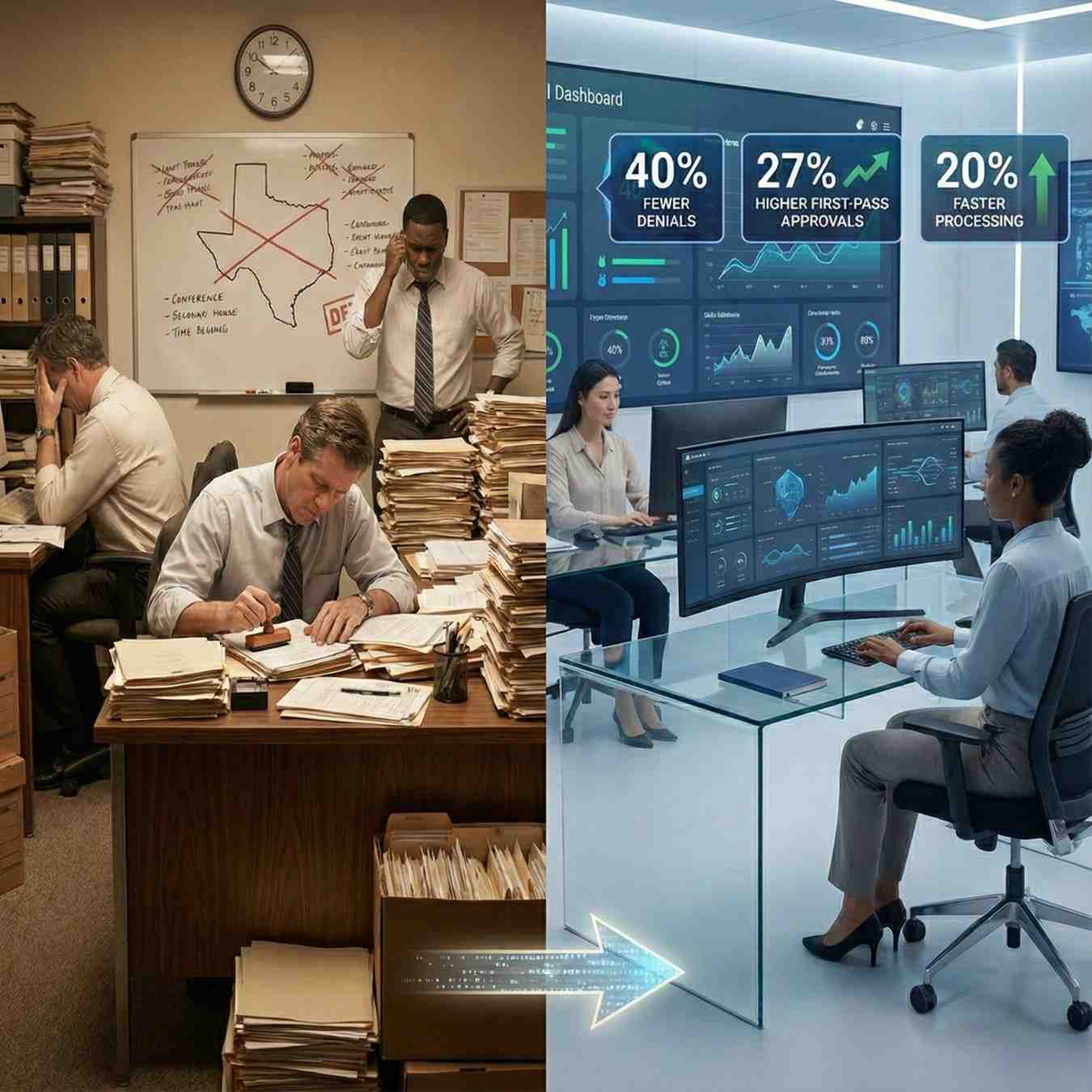 Business professionals reviewing case studies and success stories with data insights