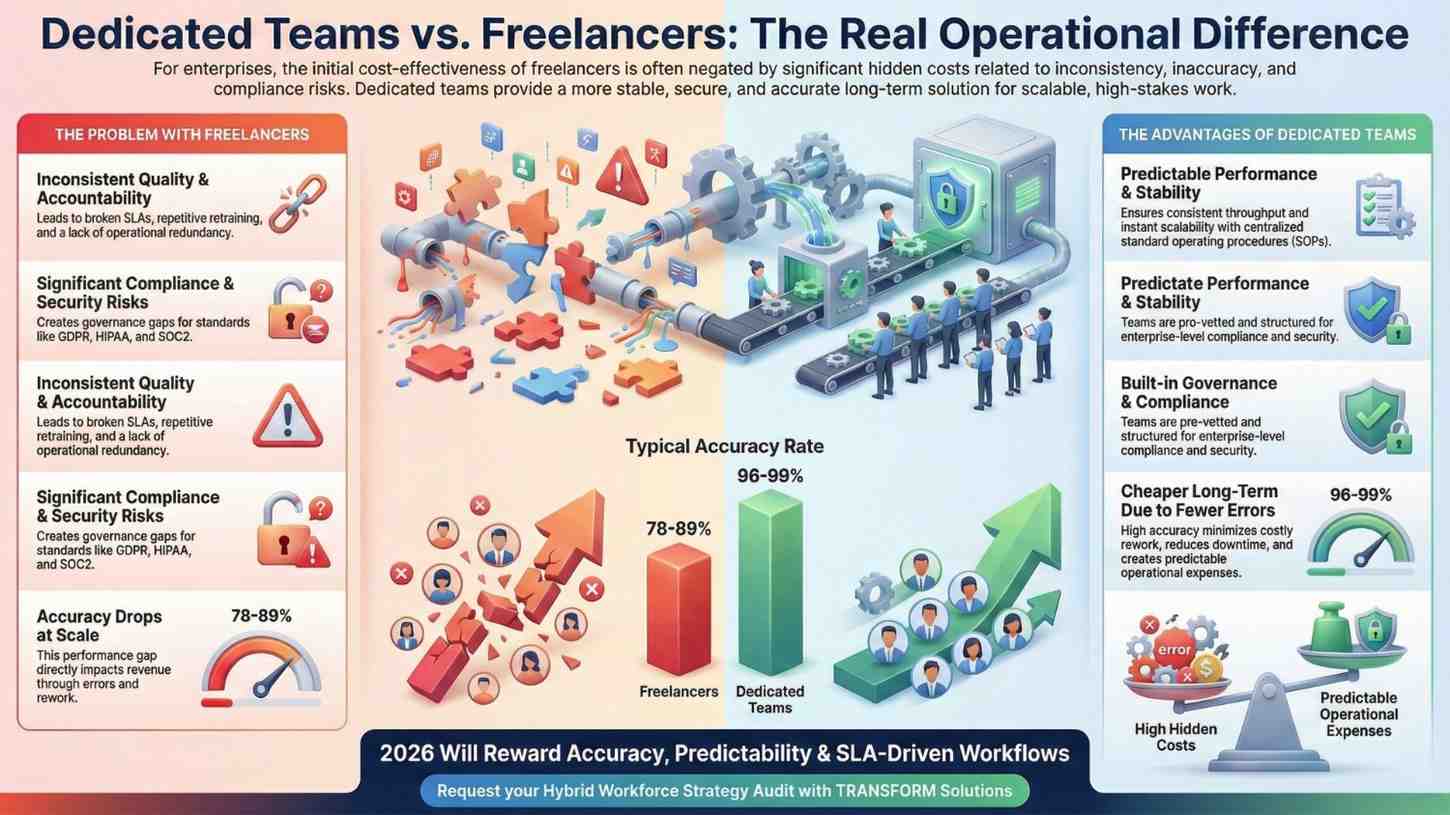 Infographic comparing freelancers vs dedicated teams, showing teams deliver higher accuracy, stability, compliance, and lower hidden costs.