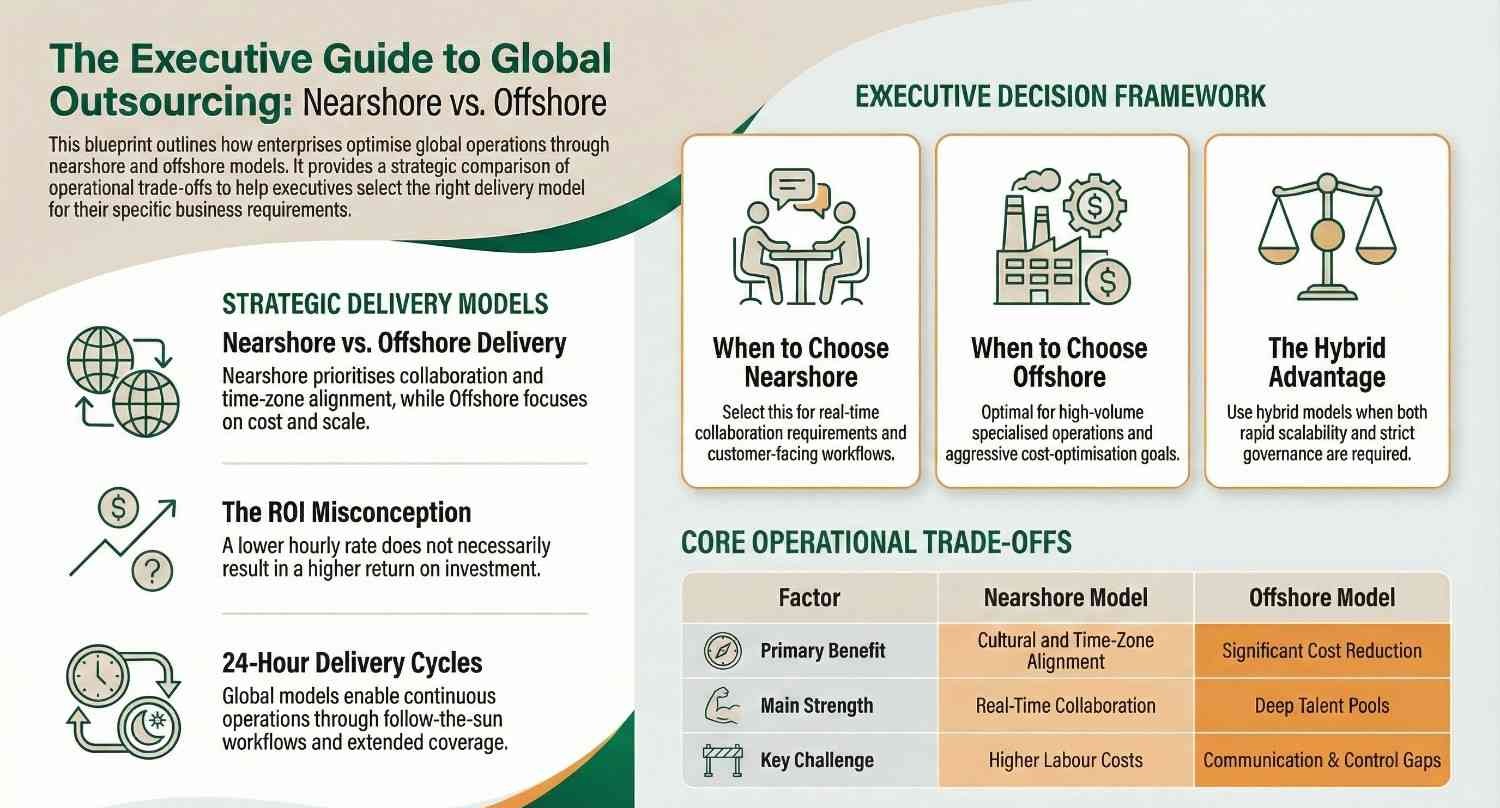 Executive guide infographic comparing nearshore and offshore outsourcing with decision framework, ROI insights, delivery models, and operational trade offs.