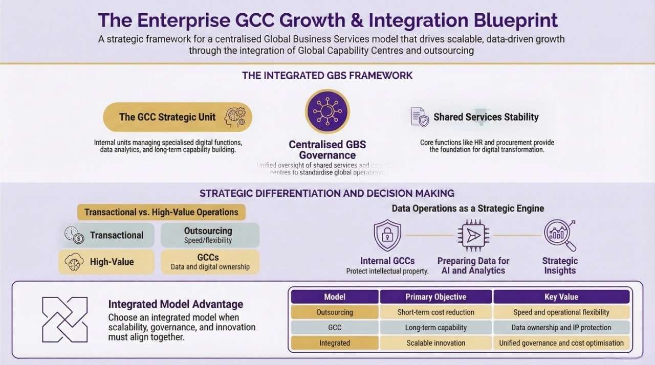 Enterprise GCC and GBS integration blueprint showing governance model, data operations strategy, outsourcing roles, and decision framework for scalable growth.