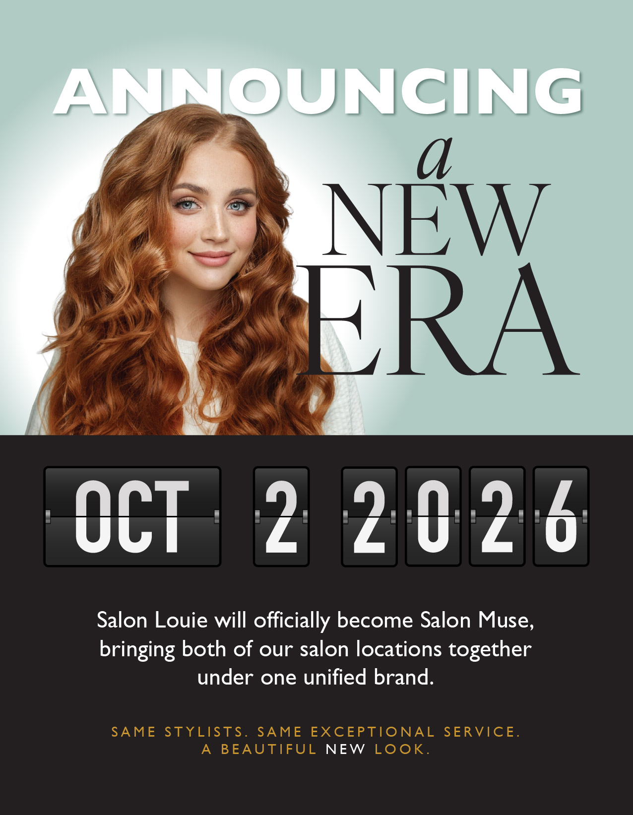 Red-headed lady announcing a New Era for Salon Louie