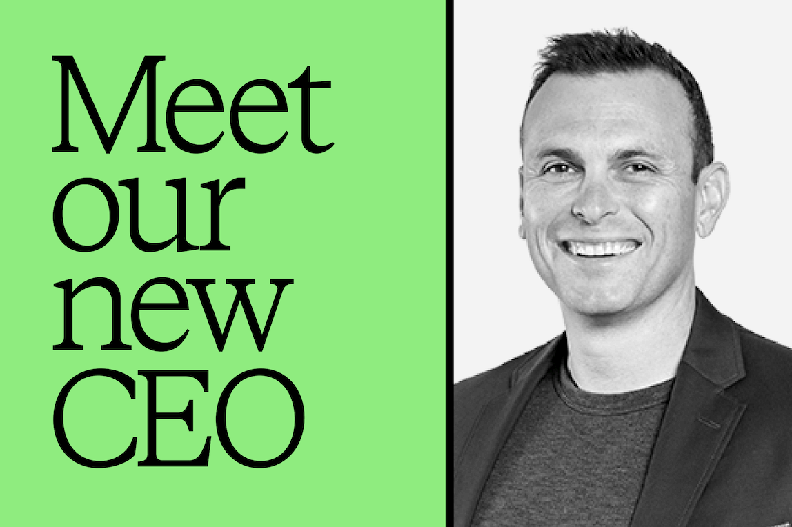 Smiling man in a blazer and t-shirt beside text 'Meet our new CEO' on green background.