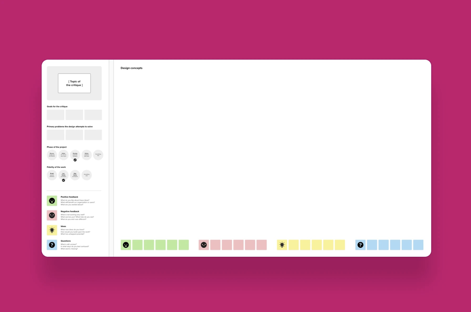 A design critique template on a magenta background. The left panel includes sections for critique topic, goals, problems, project phase, work fidelity, and feedback. The main area is blank, titled “Design concepts,” with colored feedback icons at the bottom: green, red, yellow, and blue, representing different feedback types.