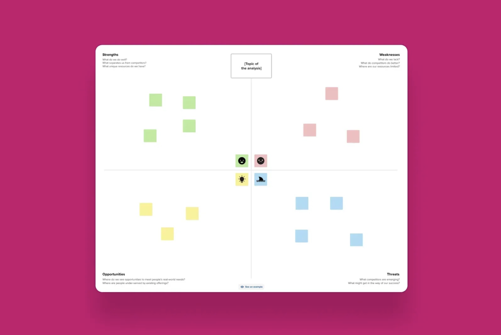 A SWOT analysis diagram on a pink background, divided into four quadrants: green for strengths, red for weaknesses, yellow for opportunities, and blue for threats, each with labeled sticky notes.