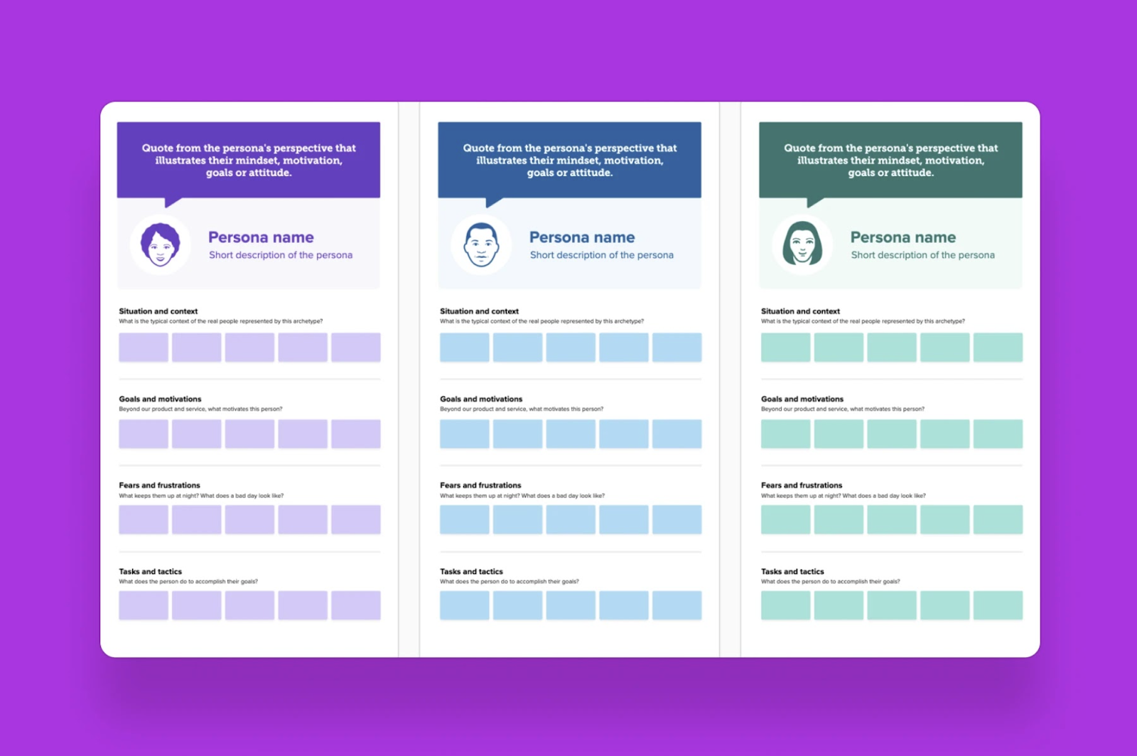 Three persona templates with illustrations on a purple background. Each has sections for mindset quotes, context, motivations, frustrations, and tactics.