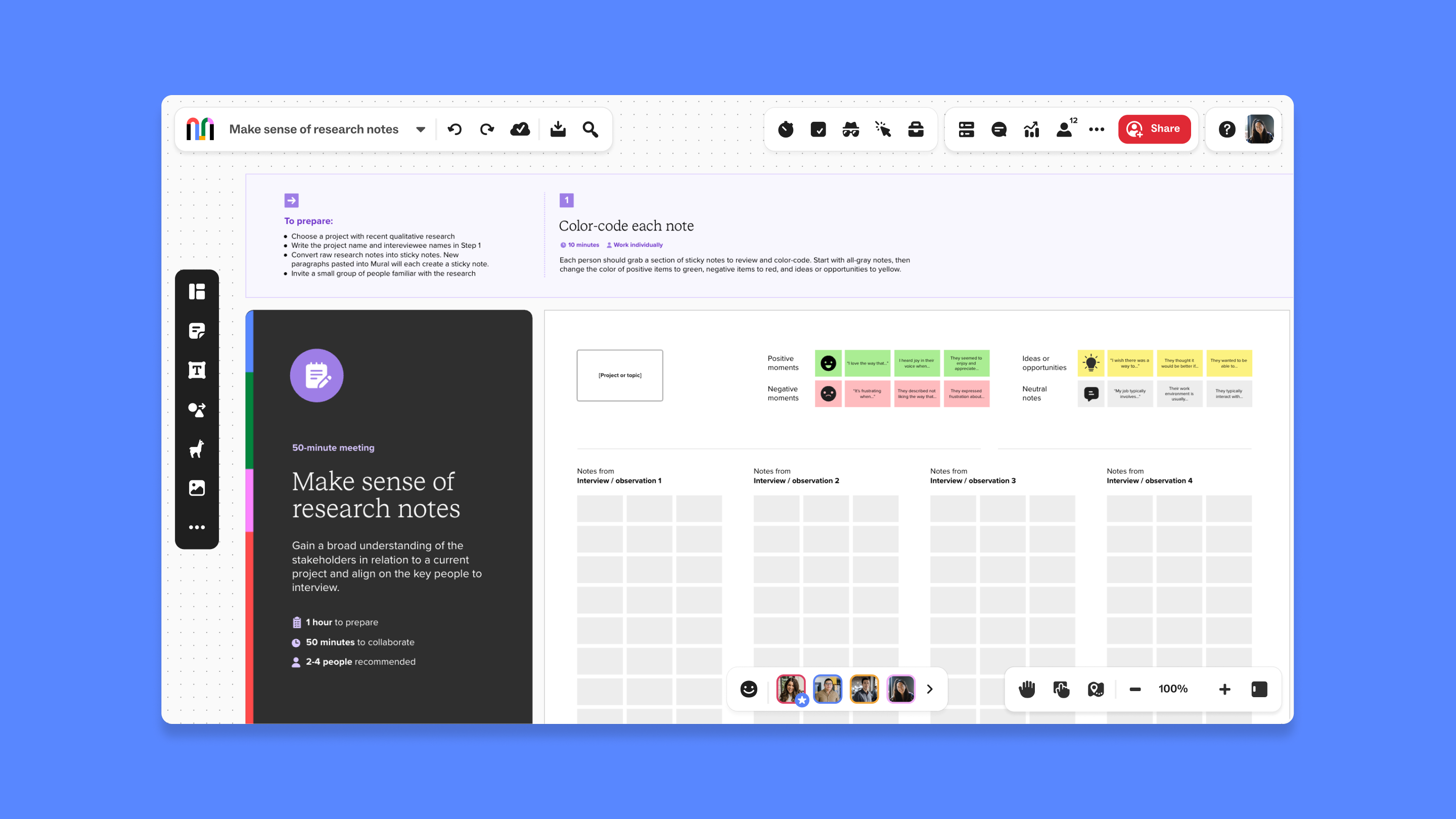 A digital workspace for organizing and color-coding research notes during a collaborative meeting with sticky notes.