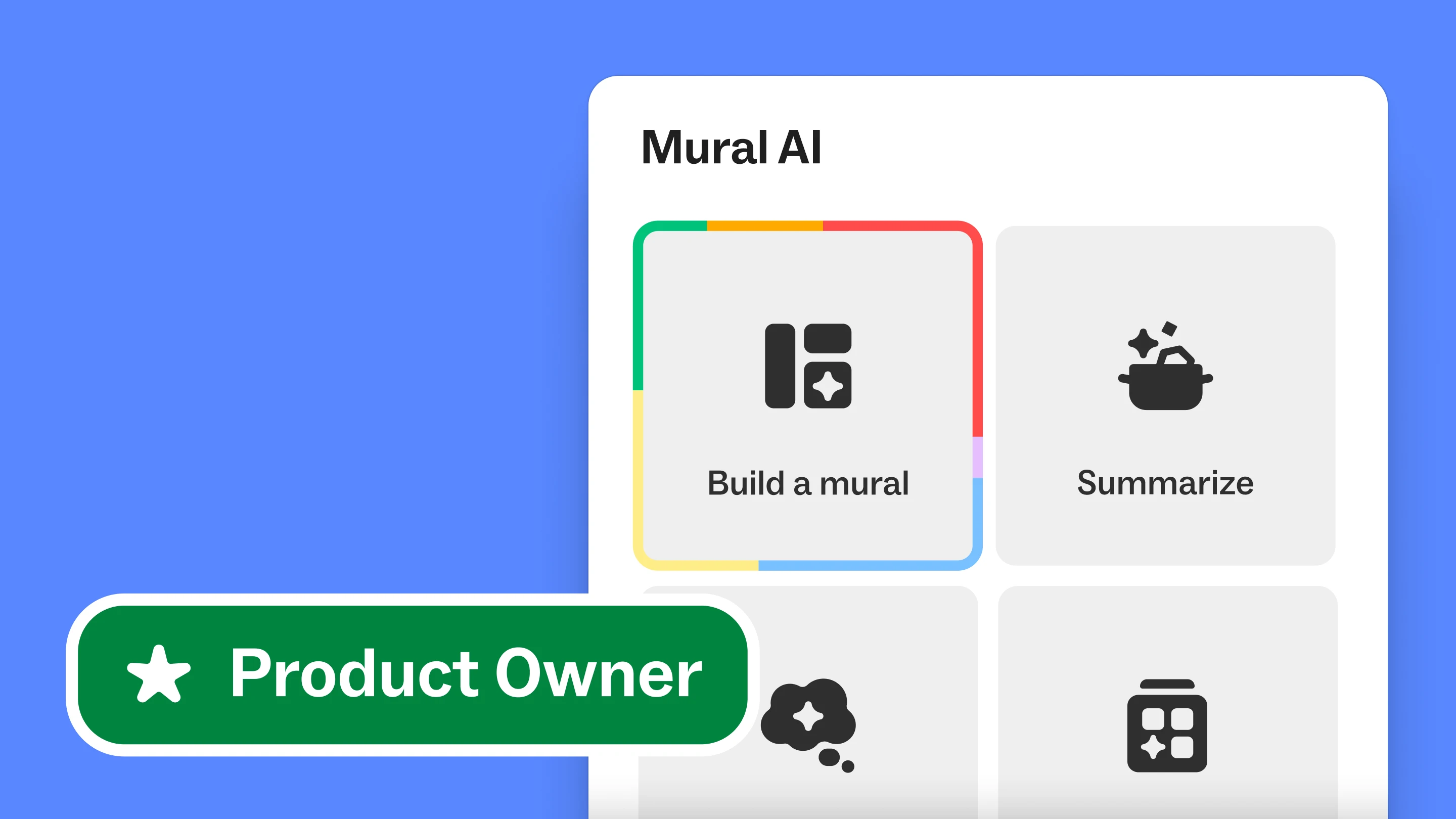 Mural AI Hub with the cursor hovering over the Generate ideas feature and the word "Product Owner"