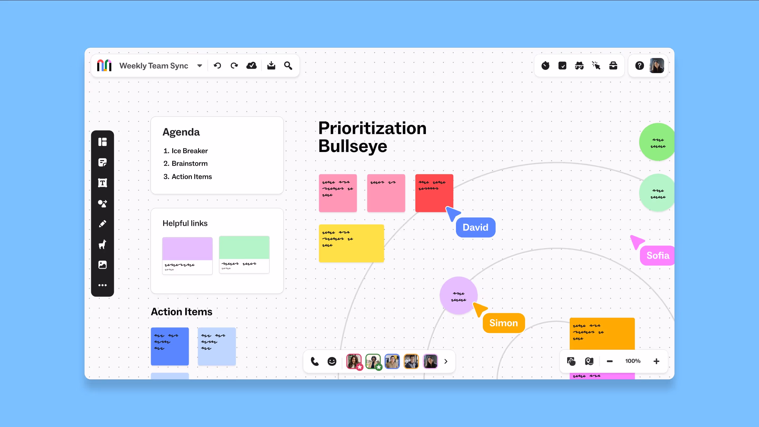 A screenshot of a software interface displaying an agenda prioritization diagram titled "Bullseye." The image includes text related to action items, specifically mentioning "David" and features a layout of numbered sections in a design format.