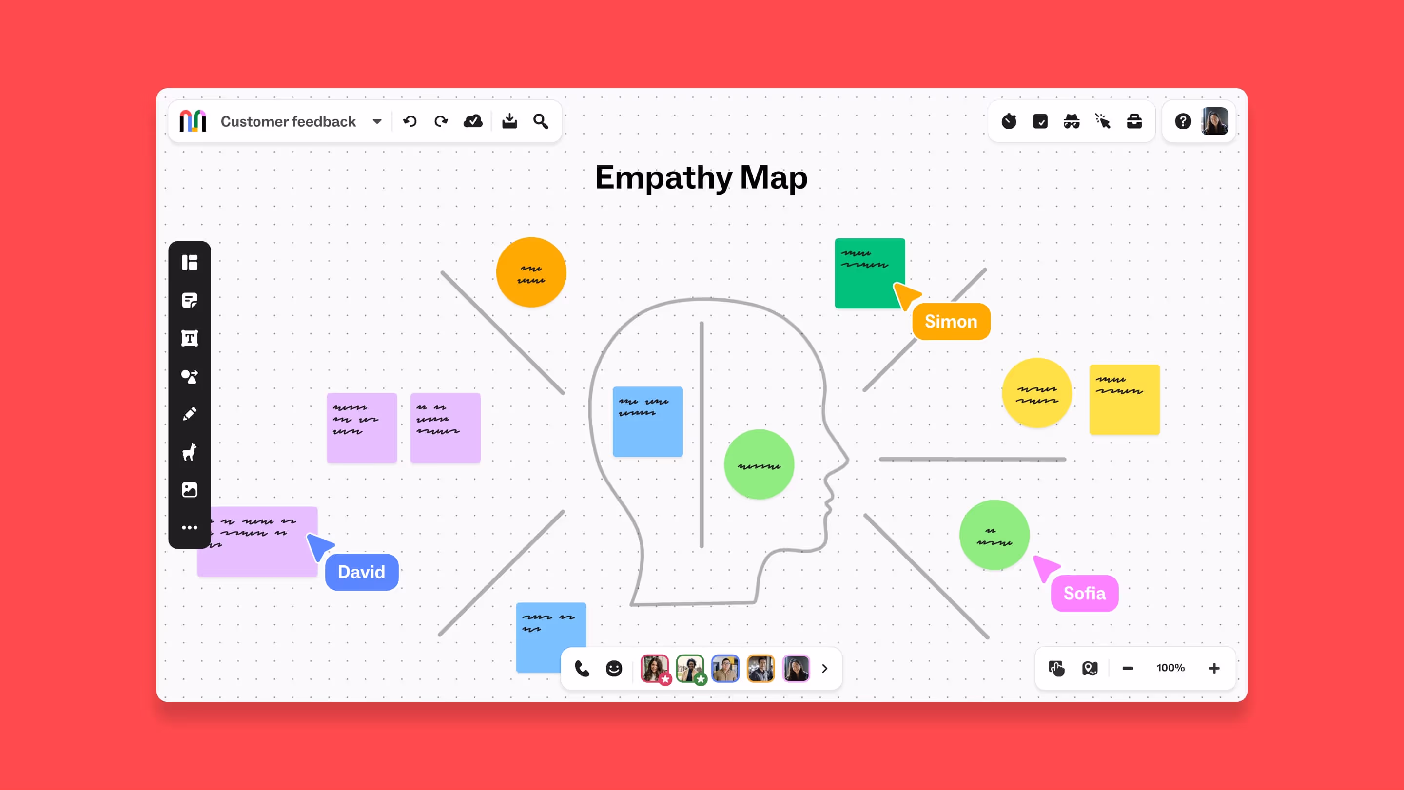 A screenshot of a computer displaying an Empathy Map with the title "Customer feedback". The image includes various sections typically used in empathy mapping, such as thoughts, feelings, and behaviors.