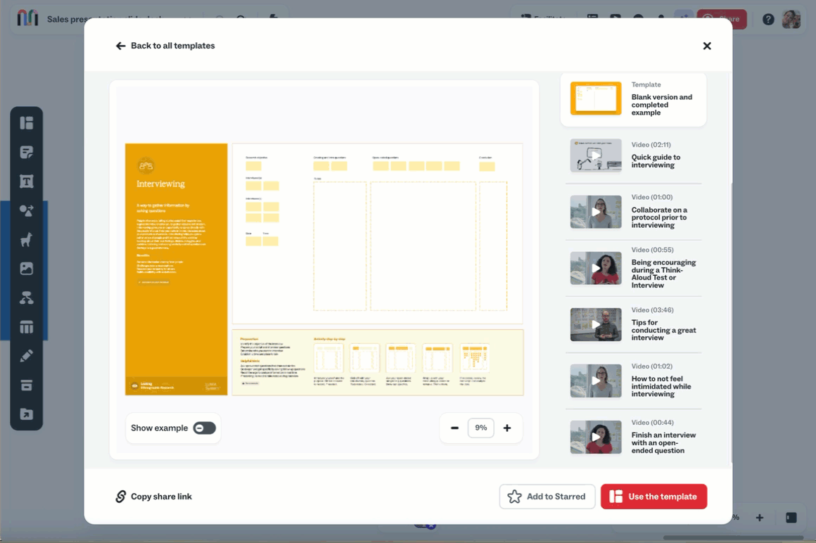 A screenshot of a computer interface displaying a section titled "Back to all templates" with options for copying and sharing a link related to a template. The layout includes icons and text indicating multimedia software functionalities.