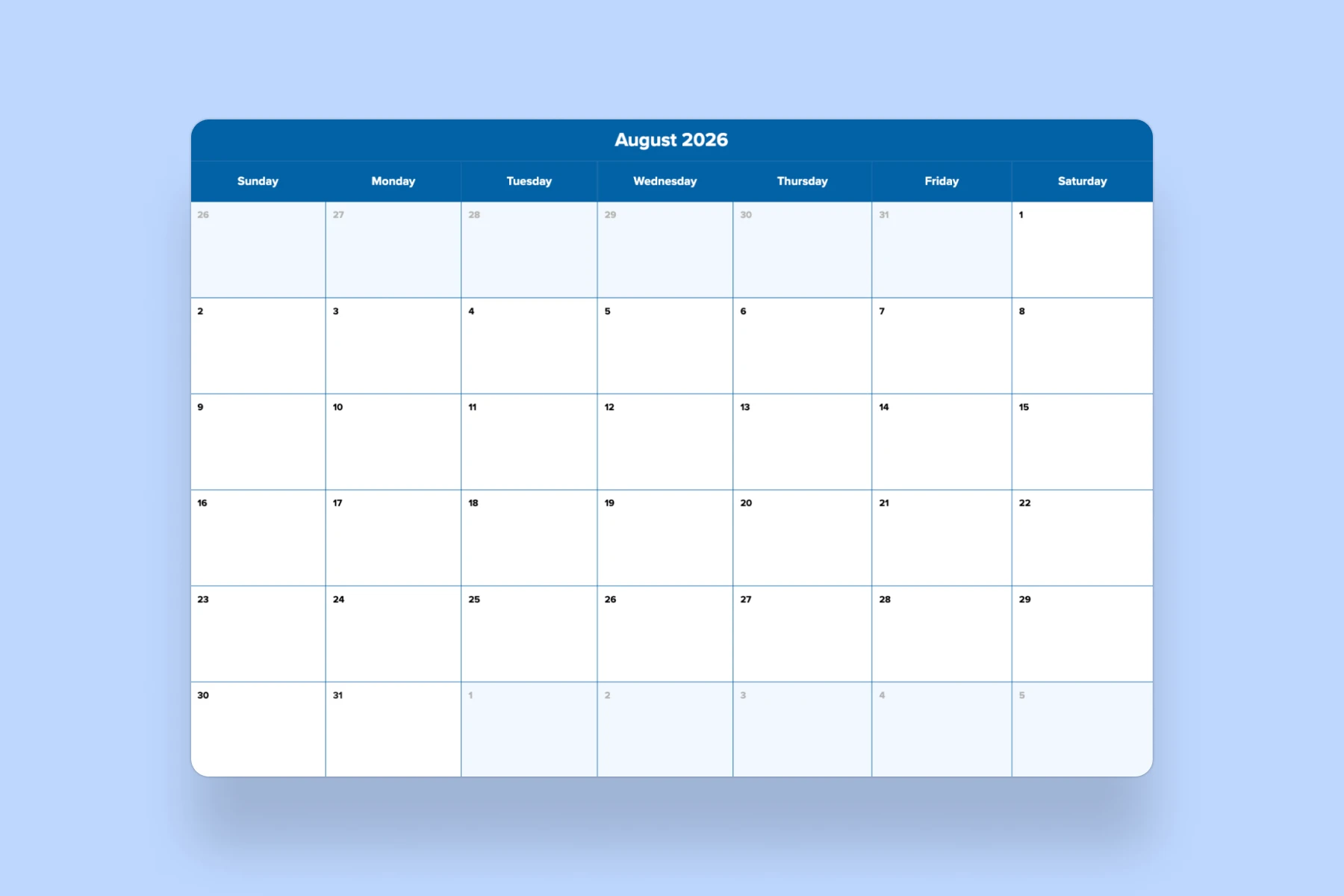 August 2026 calendar