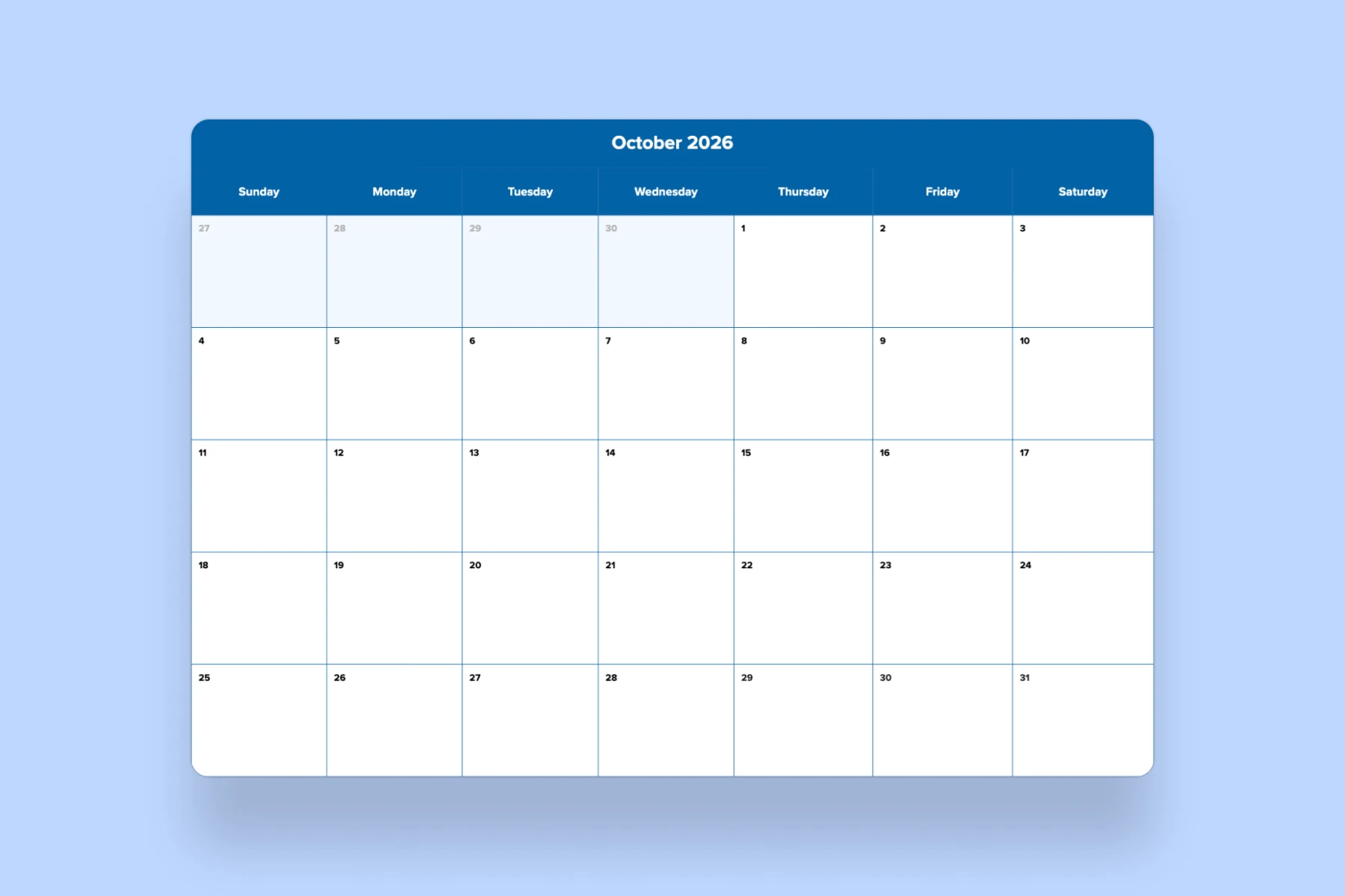 October 2026 calendar