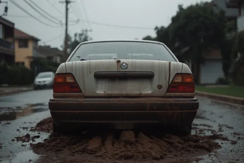 auto atascado en el barro durante temporal de lluvia en Chile