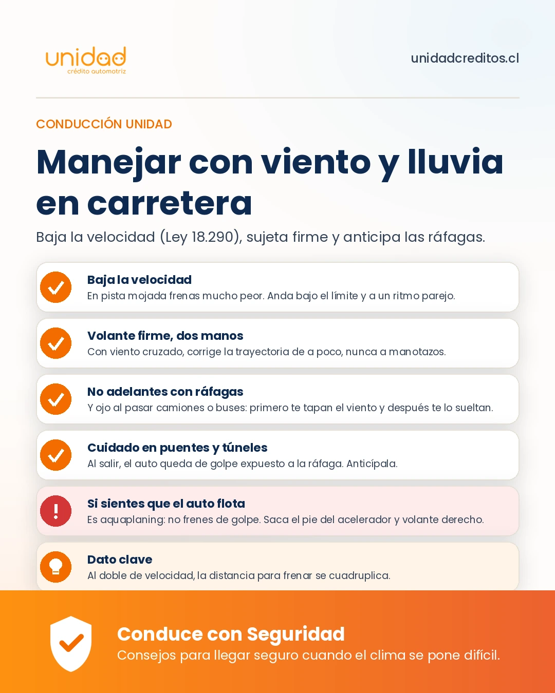 Checklist para manejar con viento y lluvia en carretera: bajar la velocidad, sujetar firme el volante y evitar el aquaplaning