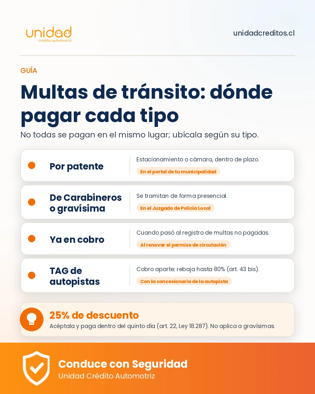 Dónde pagar cada tipo de multa de tránsito en Chile: por patente, de Carabineros, gravísima, en cobro y TAG, y el descuento del 25%.
