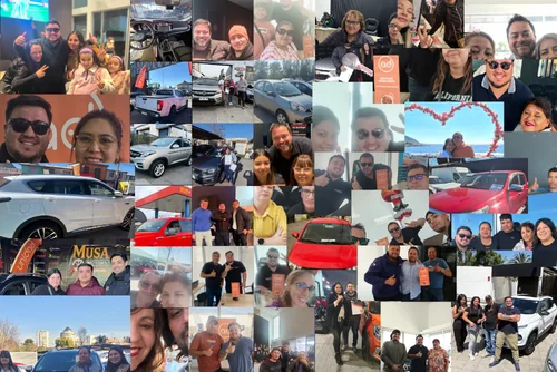 Collage de clientes reales de UNIDAD Crédito Automotriz junto a los autos que financiaron.