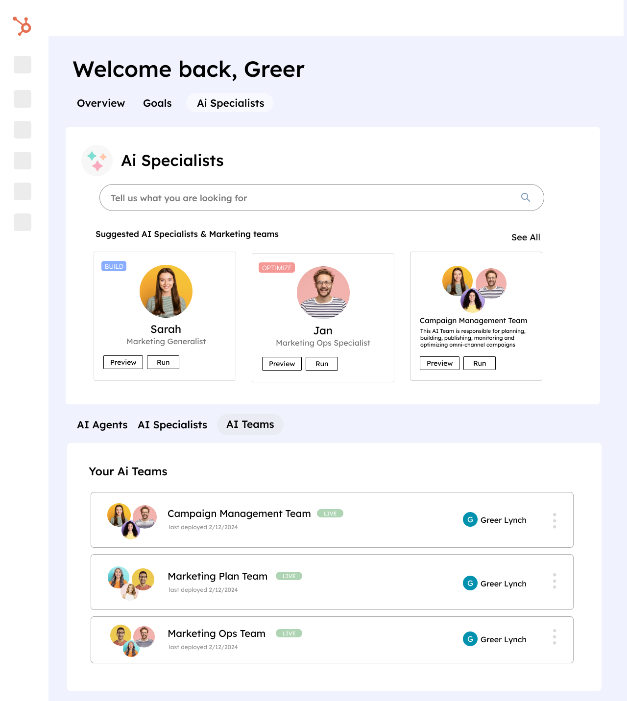HubSpot AI Specialists hub showing suggested specialists and active AI teams