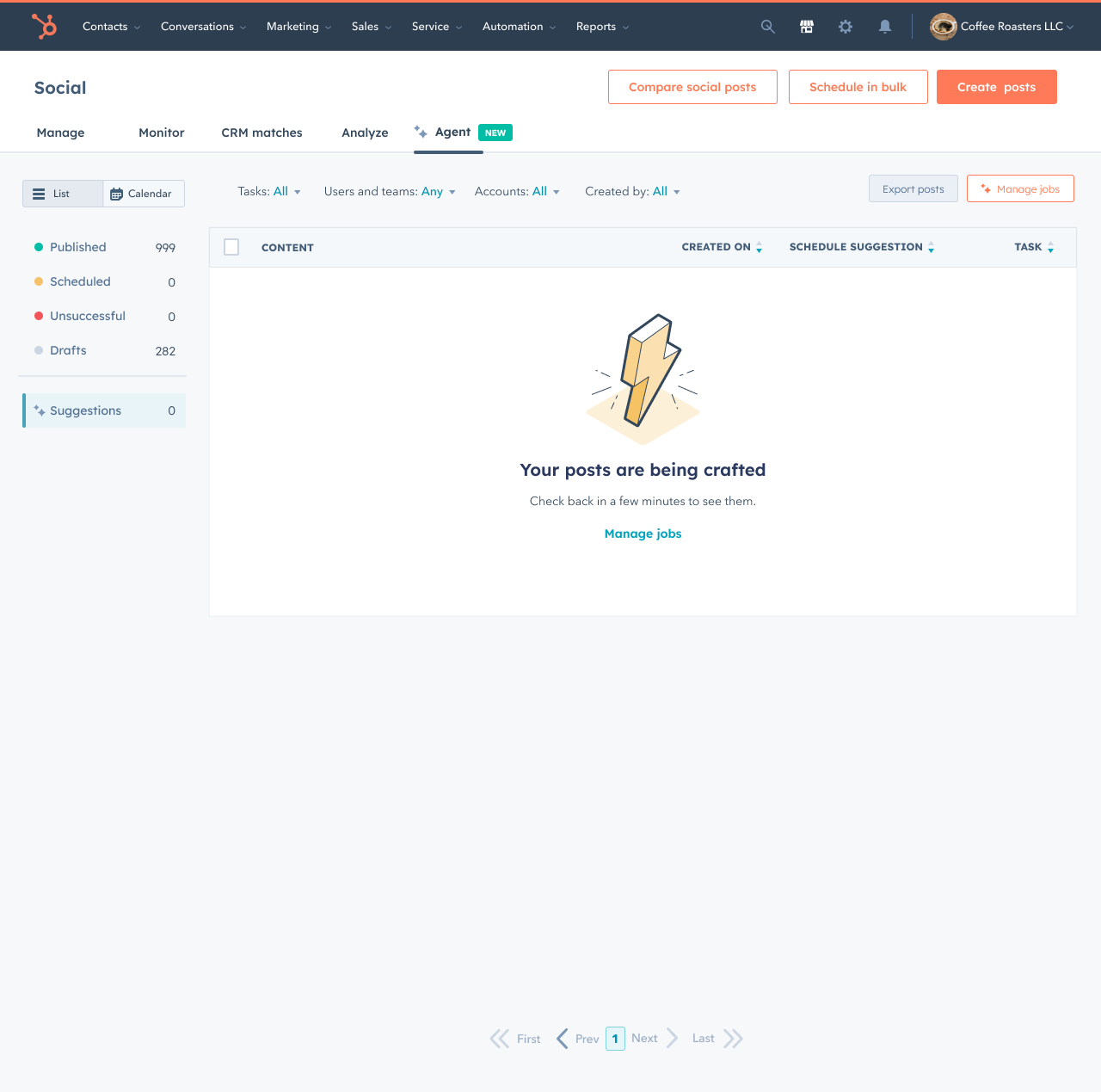 HubSpot Social showing AI suggestions interim working state