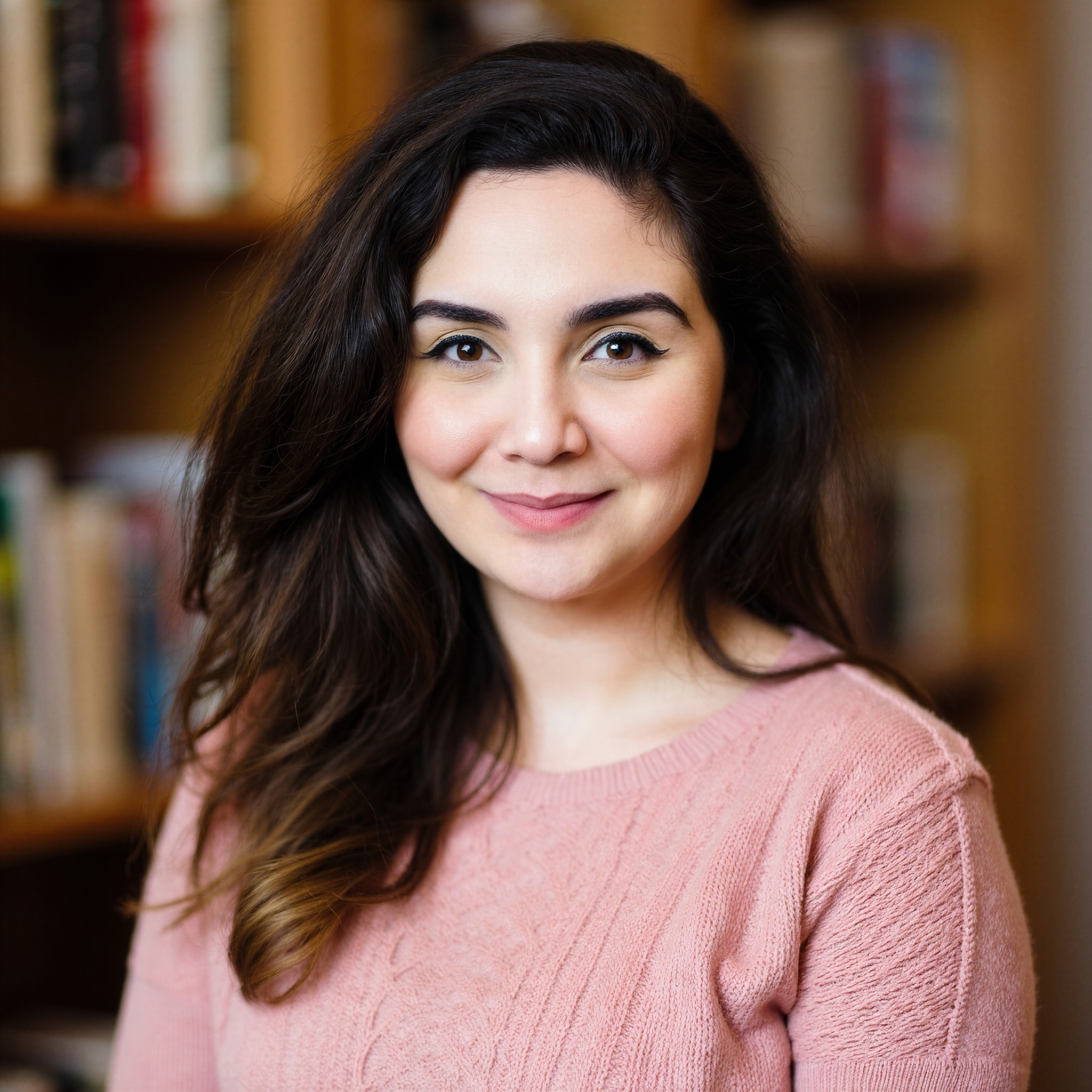 Araxie Miller, Staff Product Designer, smiling in front of a bookshelf