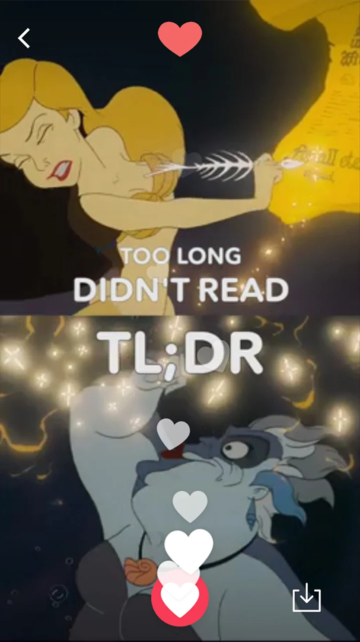 Disney LOL feed card: a Little Mermaid GIF captioned Too long, didn't read, with a save button