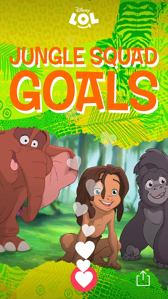 Disney LOL feed card reading Jungle Squad Goals, with a heart button and floating hearts