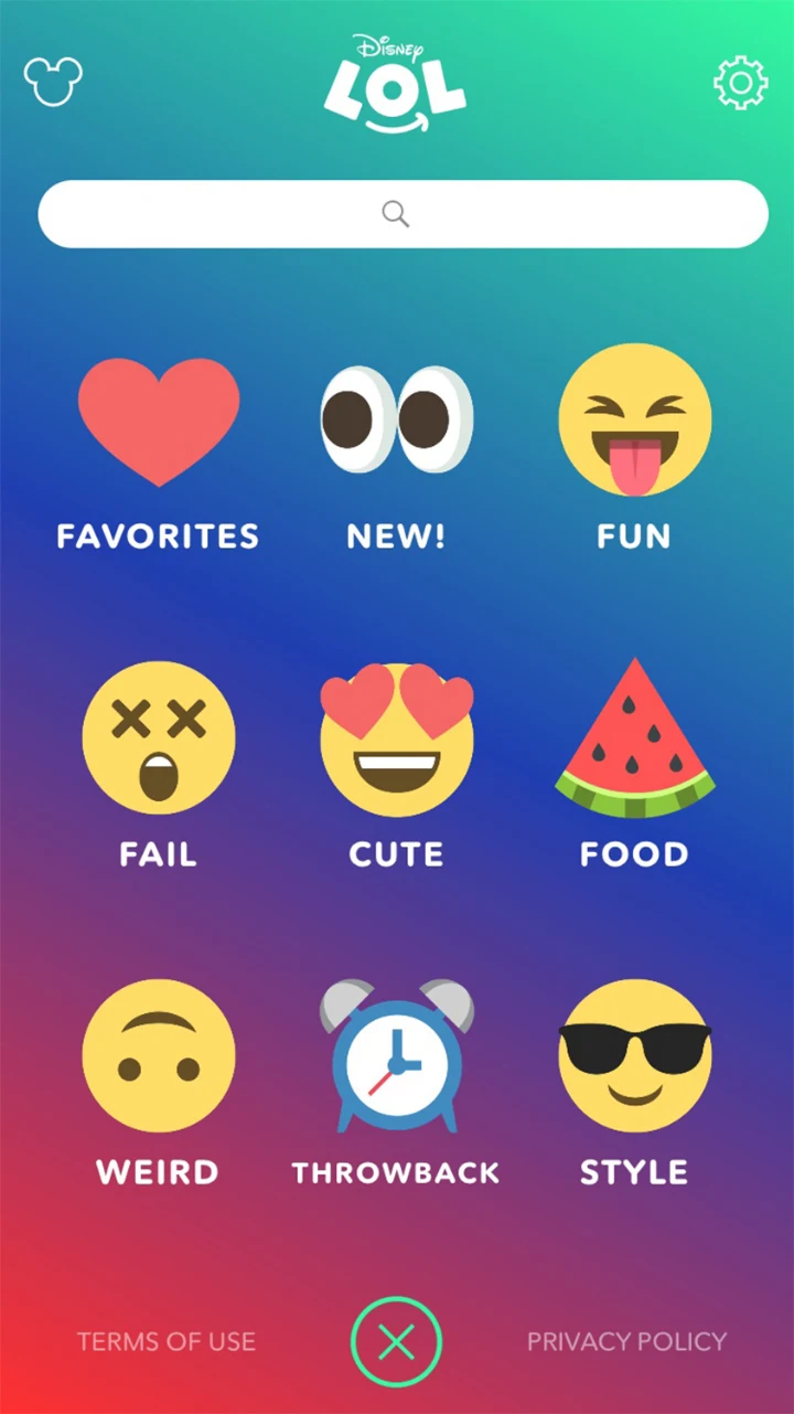 Disney LOL Explore at launch: nine emoji categories under a search bar, including Fun, Fail, Cute, Weird and Food