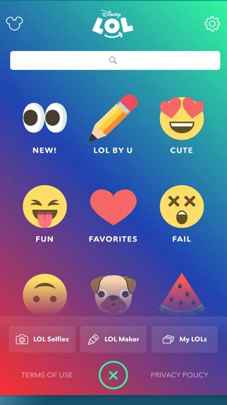 Disney LOL Explore in July 2017: the emoji grid adds LOL by U, with tabs for LOL Selfies, LOL Maker and My LOLs