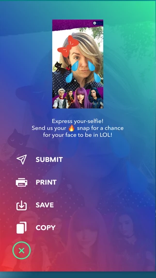 Disney LOL share sheet for a sticker selfie: Submit, Print, Save and Copy