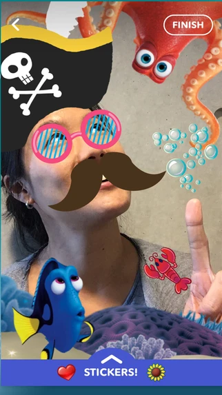 Disney LOL selfie camera with Finding Dory stickers and a sticker tray