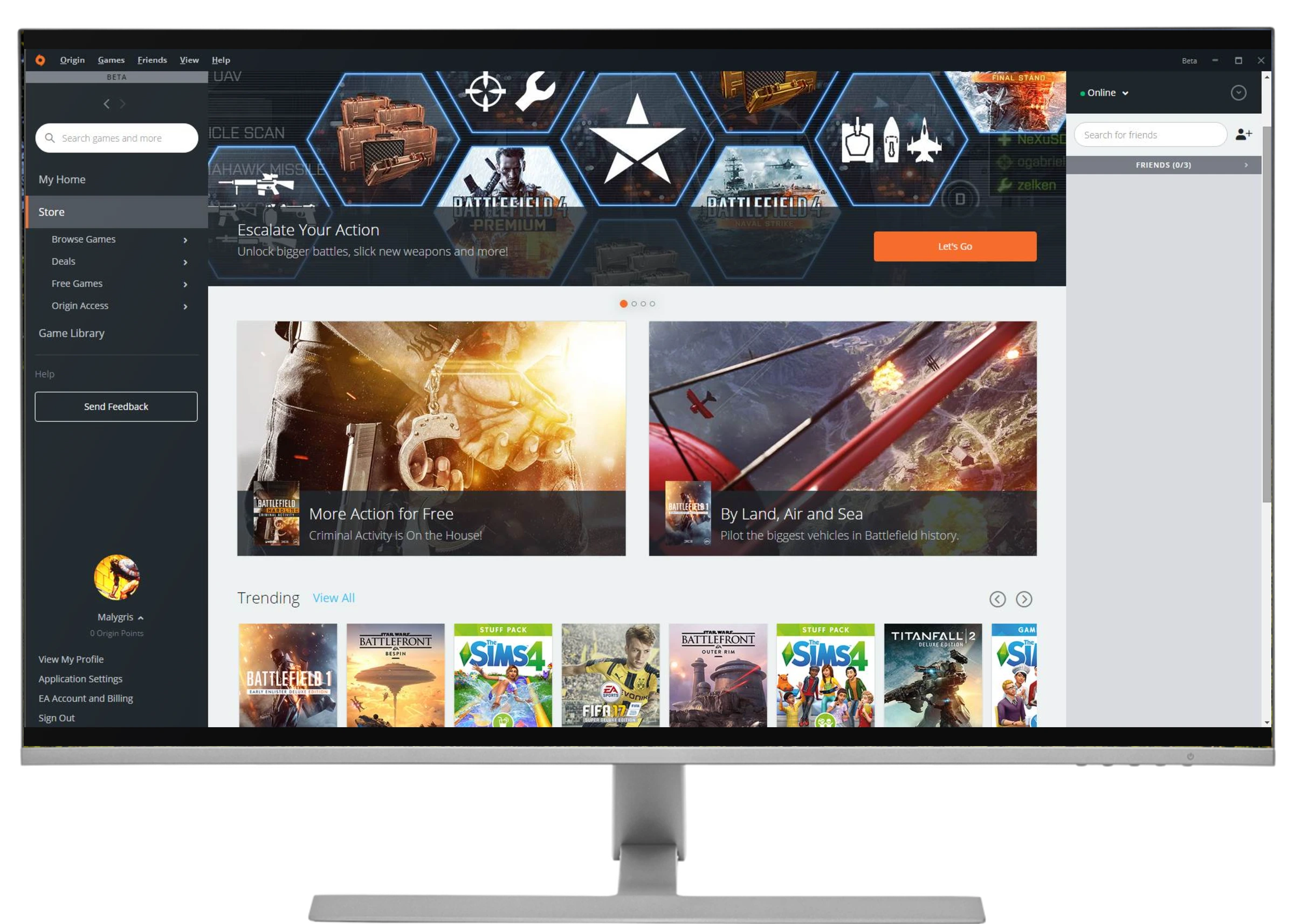 The redesigned Origin client in its July 2016 beta on a desktop monitor: a left menu with search, a Battlefield 1 banner on the store home, featured games, a Trending row and the friends panel on the right