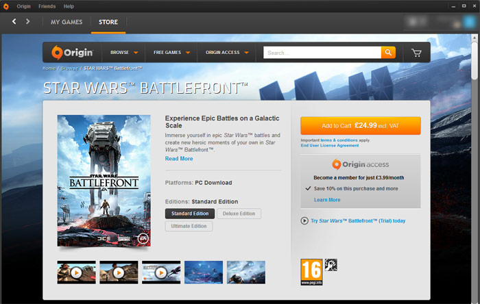 Before: Star Wars Battlefront in the old client's pop-up quick view over the store, with My Games and Store tabs across the top