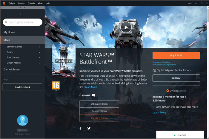 After: Star Wars Battlefront on a full game page with editions, a free trial and an Origin Access offer, beside the new left menu