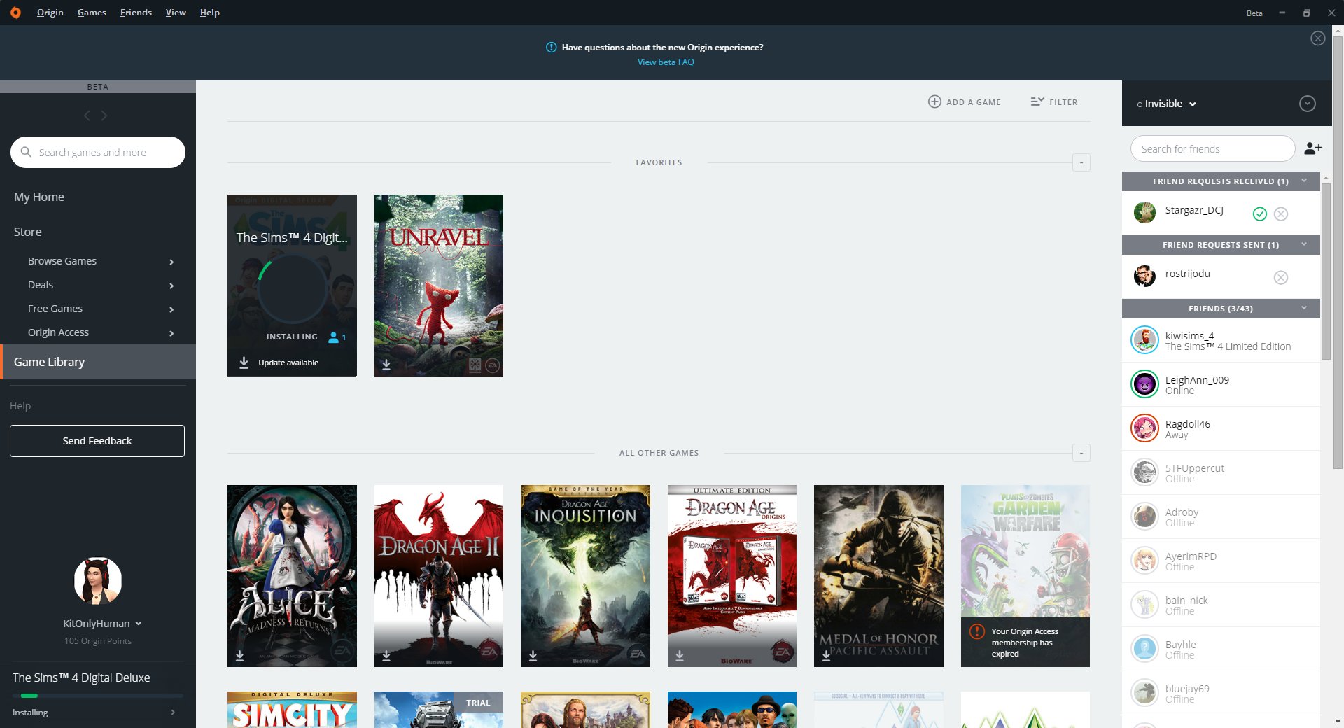 The beta's game library with favorites and all other games, and the friends panel open on the right showing who is online and what they are playing