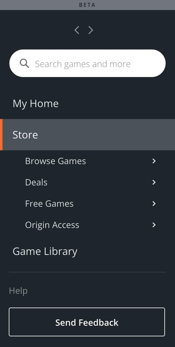 Navigation menu with search, My Home, Store sections, Game Library and Send Feedback