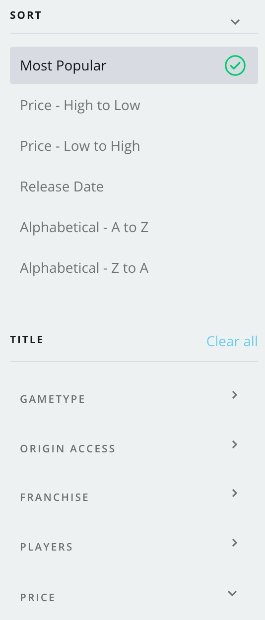 Store sort and filter panel: Most Popular, price, release date, alphabetical, then game type, Origin Access, franchise, players and price