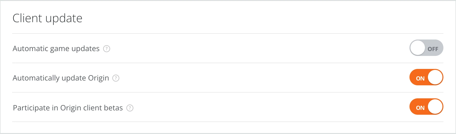 Client update settings with on and off toggles, including Participate in Origin client betas