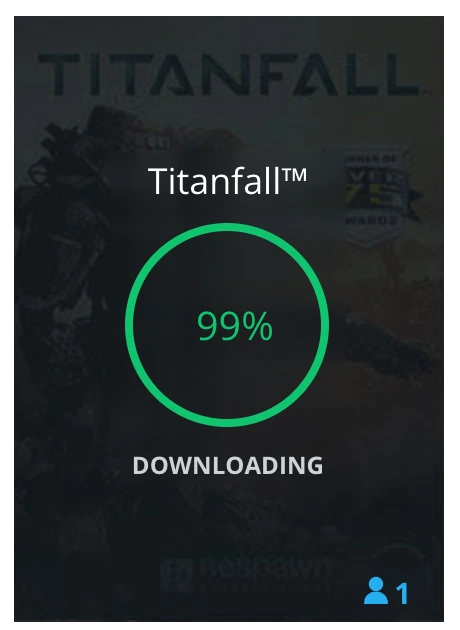 Library tile for Titanfall with a green progress ring at 99 percent, downloading