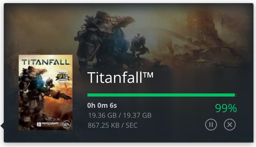 Download card for Titanfall with a progress bar at 99 percent, size, speed, pause and cancel