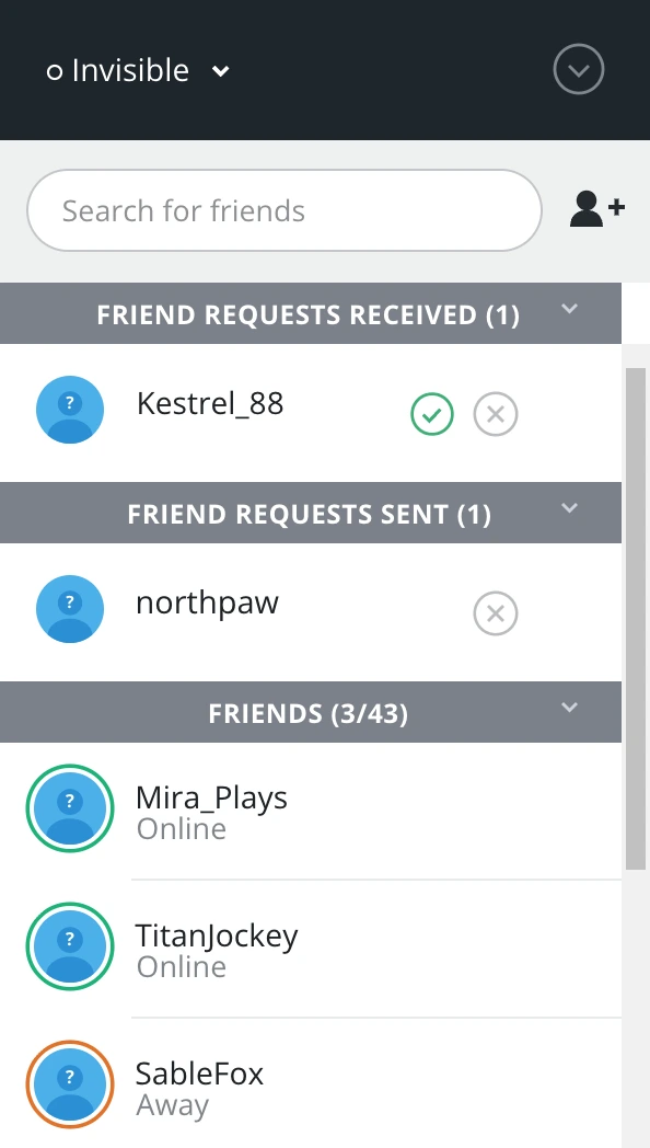 Friends panel with status, friend search, requests received and sent, and the friends list