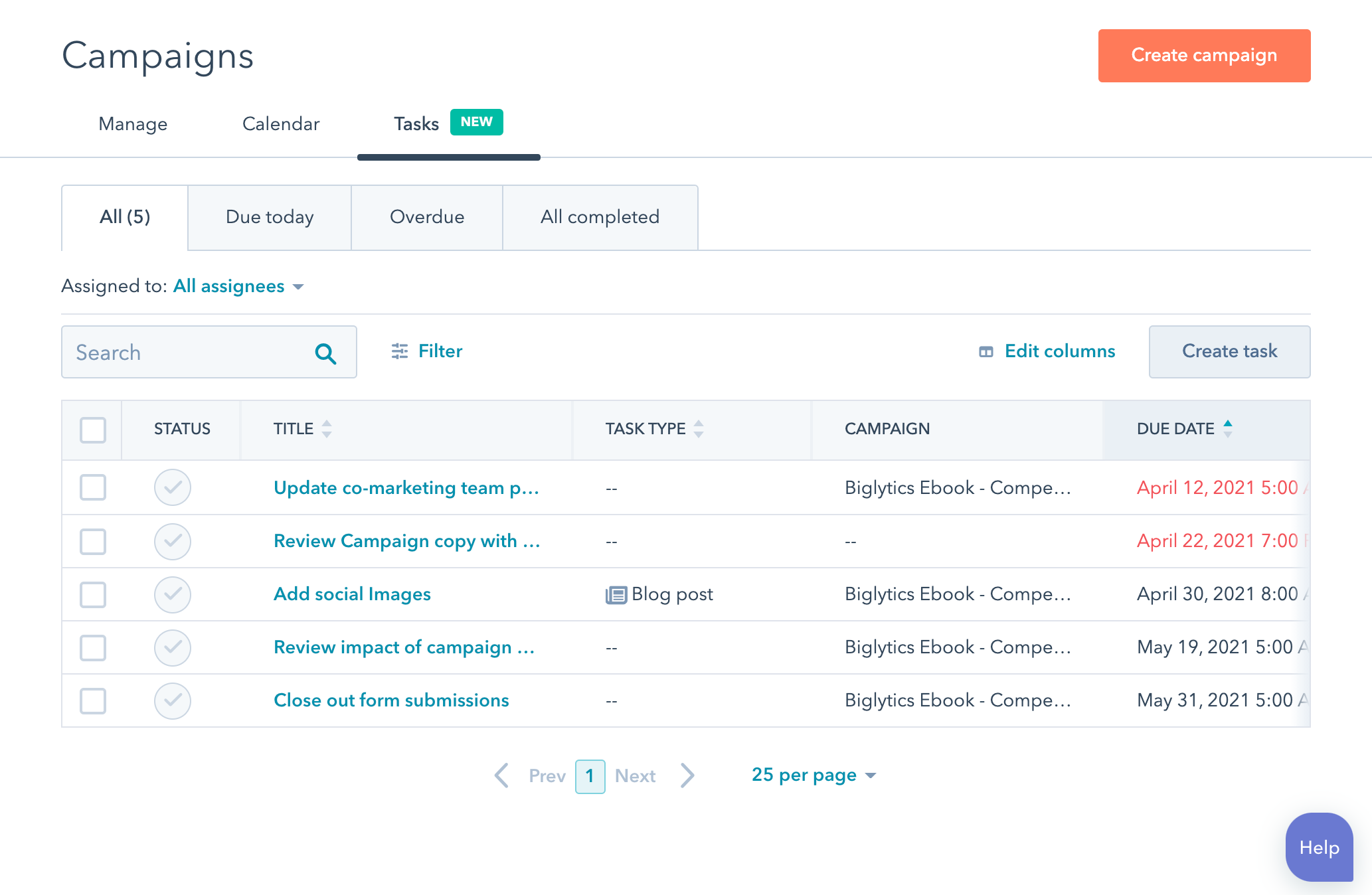 HubSpot Campaigns interface