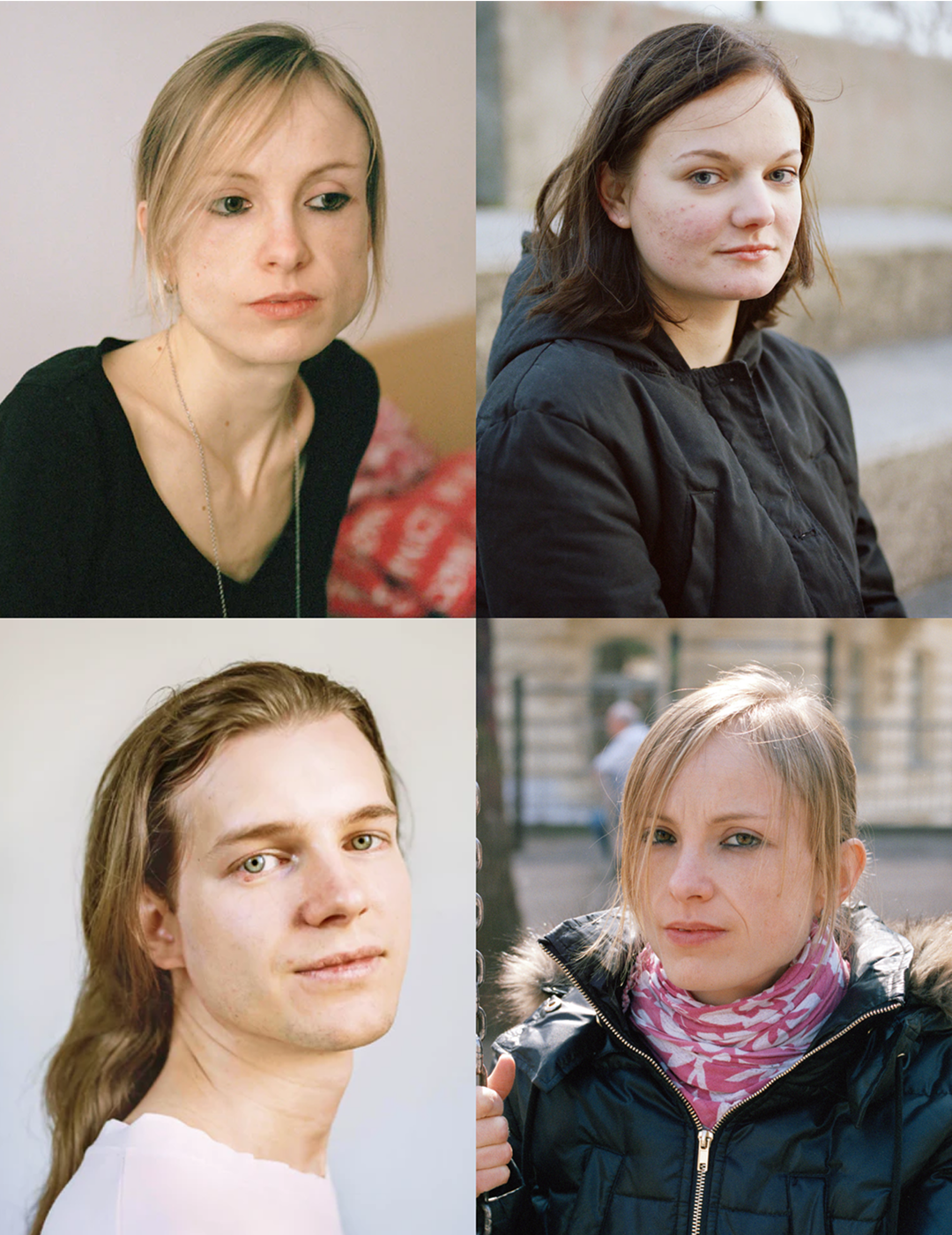 Vier portretten van personen die de camera inkijken.