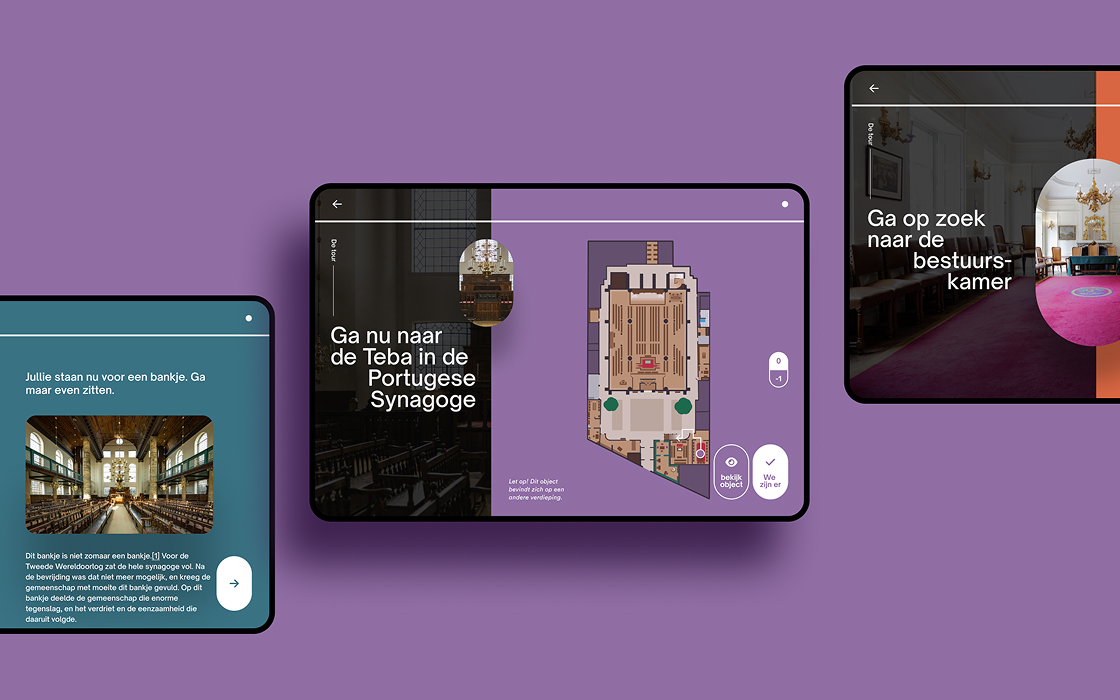 schermen van de app in een tablet met de drie thema kleuren