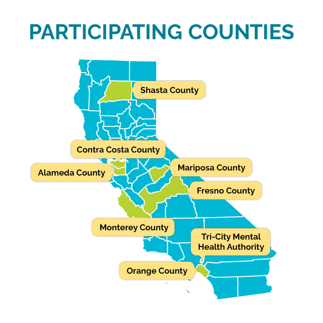 Map listing California counties where online PADs are now available: Shasta, Contra Costa, Alameda, Mariposa, Fresno, Monterey, Orange, and Tri-City Mental Health Authority. Text reads: “Participating Counties.”